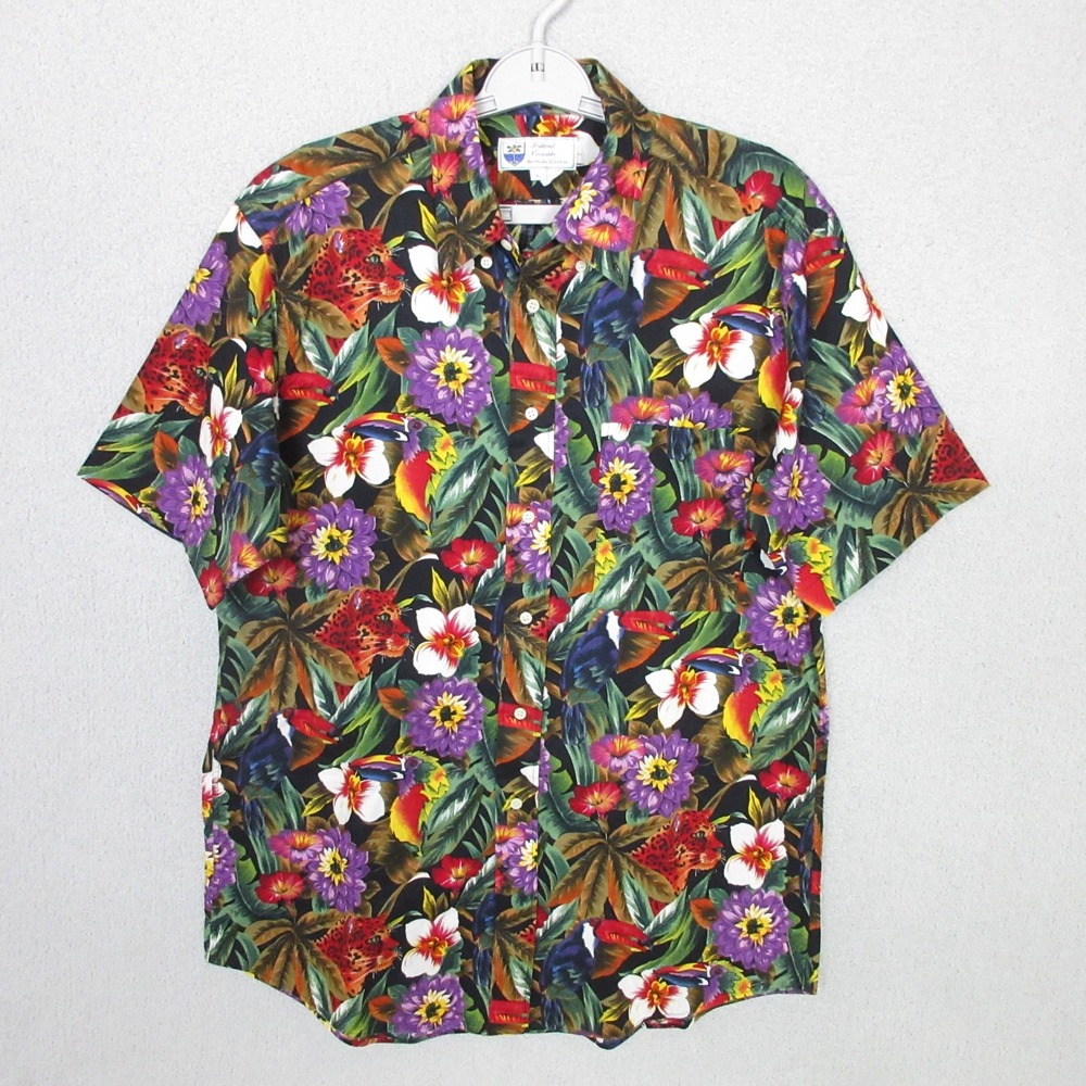 VTG Island Casuals Men's Large Tropical Toucan Leopard Floral Button Down Shirt